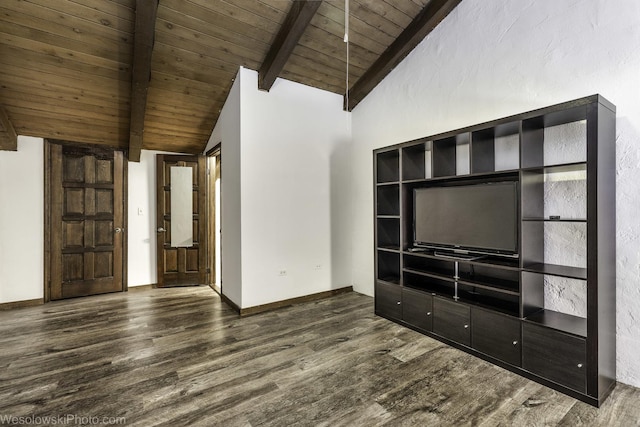unfurnished living room featuring wood finished floors, lofted ceiling with beams, baseboards, and wooden ceiling