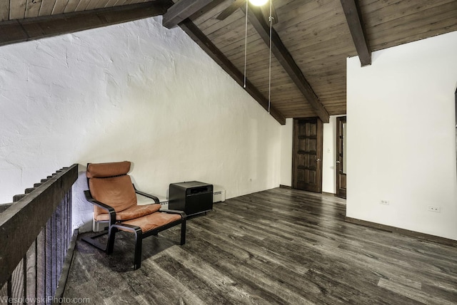 sitting room featuring wood ceiling, wood finished floors, baseboard heating, and beamed ceiling