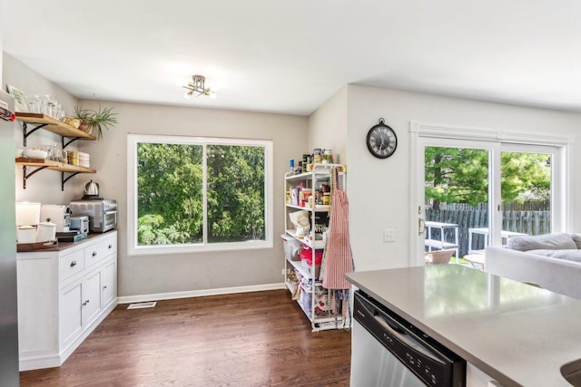 1462 Belle Haven Dr, Grayslake, IL 60030 - kitchen with dishwasher, open shelves, dark wood-style floors, white cabinets, and baseboards