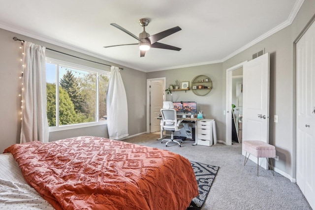1462 Belle Haven Dr, Grayslake, IL 60030 - carpeted bedroom featuring crown molding, a desk, a ceiling fan, and baseboards