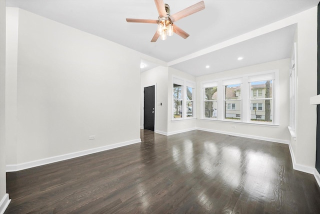 unfurnished living room featuring baseboards, recessed lighting, ceiling fan, and dark wood-style floors