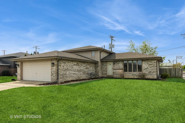 single story home featuring fence, an attached garage, brick siding, and a front yard