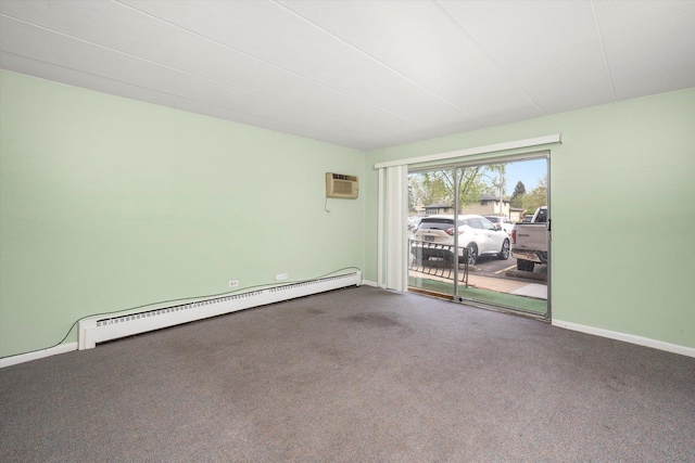 unfurnished room featuring baseboards, a baseboard radiator, a wall unit AC, and carpet flooring