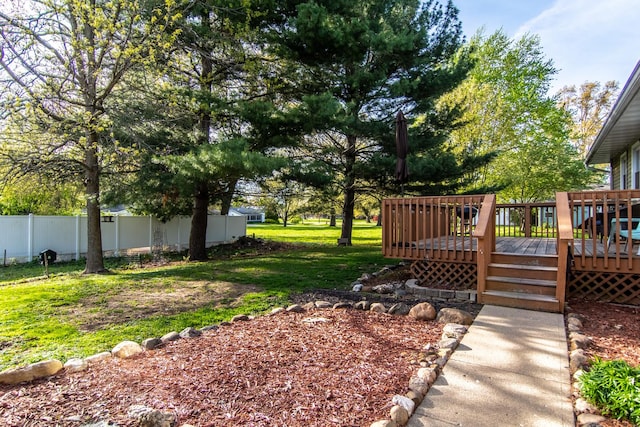 view of yard with fence and a wooden deck