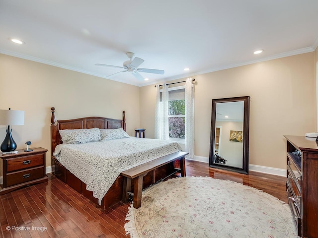 bedroom featuring crown molding, a ceiling fan, baseboards, recessed lighting, and dark wood-type flooring