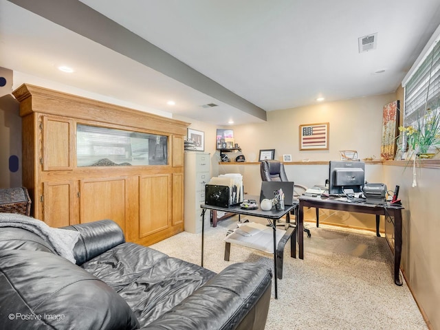 office with recessed lighting, light colored carpet, and visible vents
