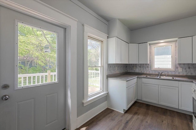 kitchen featuring a sink, tasteful backsplash, dark wood-style flooring, white cabinetry, and baseboards