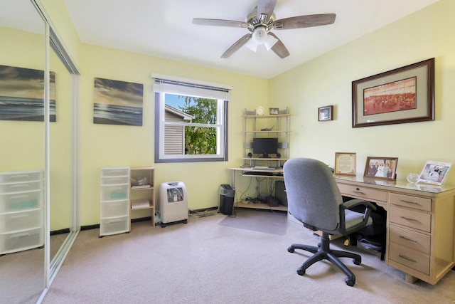 office area featuring ceiling fan and carpet
