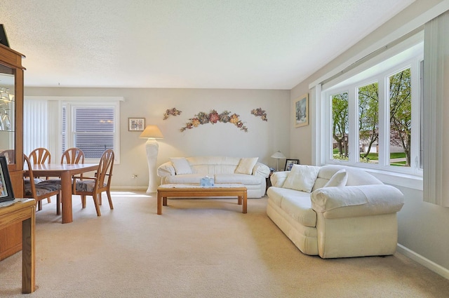 living area with baseboards, a textured ceiling, and light colored carpet