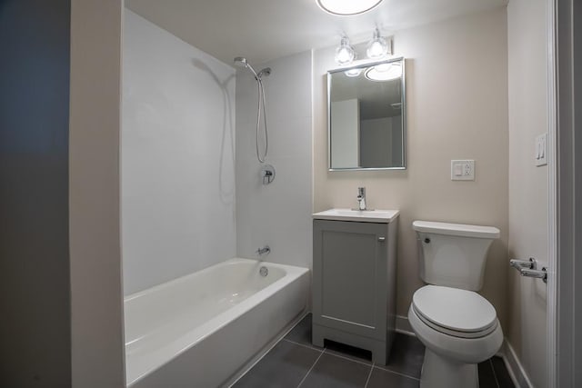 bathroom with toilet, tile patterned floors, tub / shower combination, and vanity