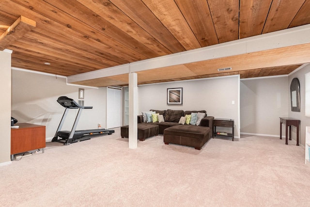 2245 Lakeside Dr, Aurora, IL 60504 - interior space with visible vents, baseboards, carpet, and wood ceiling