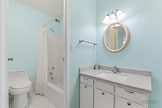 full bathroom with vanity, tile patterned floors, shower / bath combination with curtain, and toilet