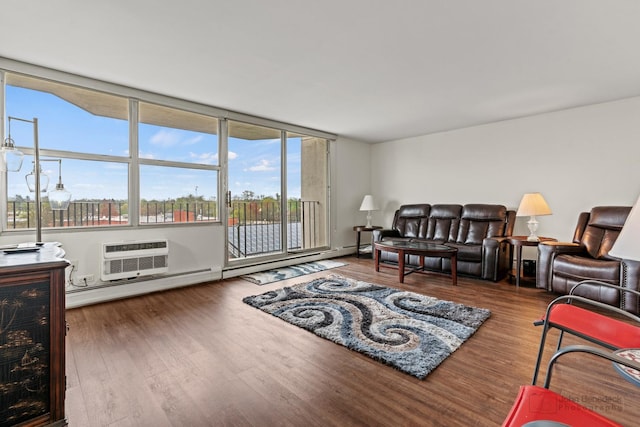 living area with wood finished floors and a wall mounted air conditioner