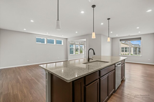 kitchen with stainless steel dishwasher, wood finished floors, a sink, open floor plan, and a wealth of natural light
