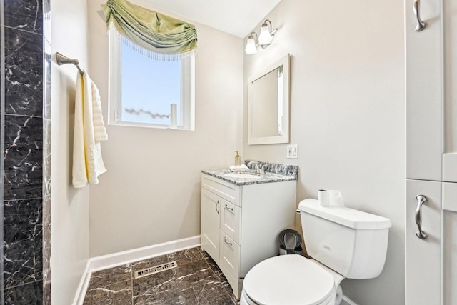 full bath with marble finish floor, toilet, vanity, baseboards, and visible vents