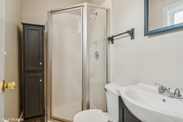 bathroom with vanity, a stall shower, and toilet