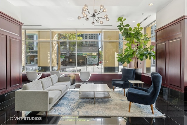 community lobby featuring recessed lighting and a wall of windows