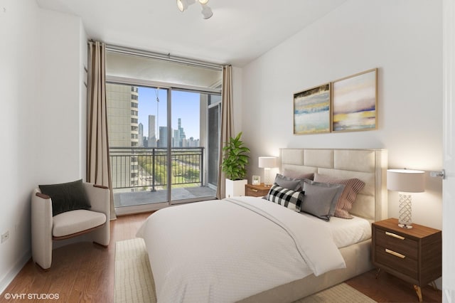 bedroom featuring access to outside, wood finished floors, and a view of skyline