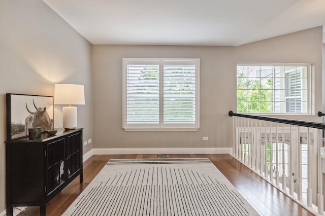 interior space with baseboards, dark wood-style flooring, and a wealth of natural light