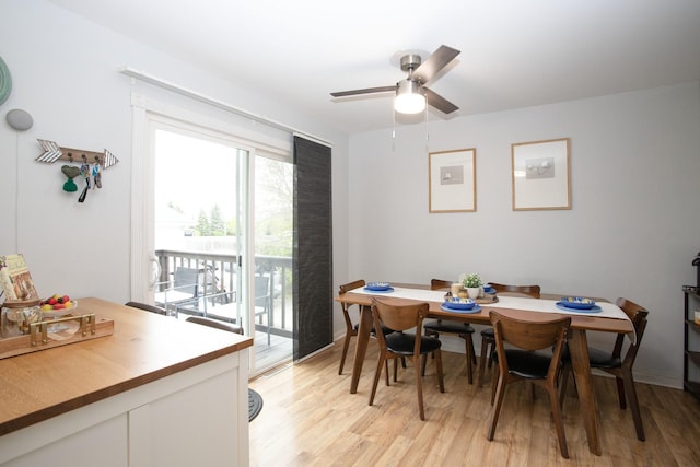 dining area featuring light wood-style floors and ceiling fan