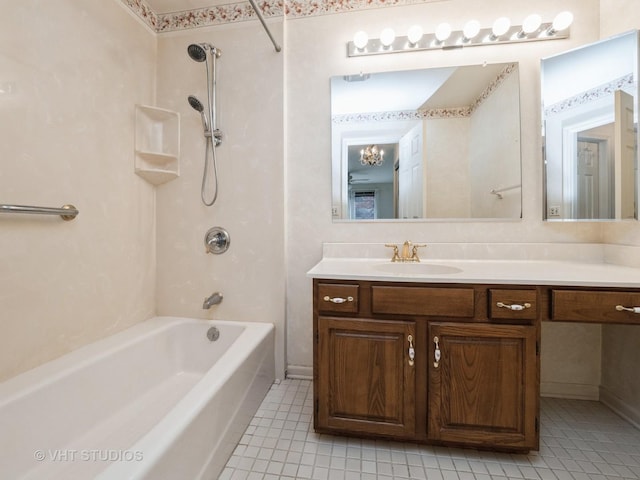 bathroom with tile patterned flooring, shower / tub combination, and vanity