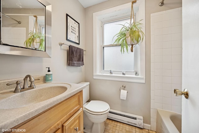 bathroom with vanity, toilet, shower / bathtub combination with curtain, baseboards, and a baseboard heating unit