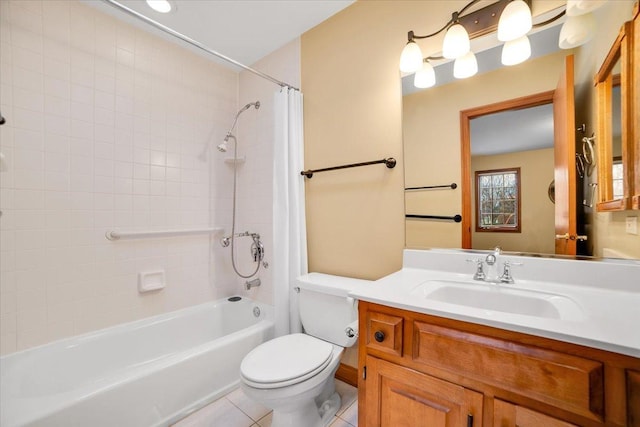 bathroom with vanity, tile patterned flooring, toilet, and shower / bath combination with curtain
