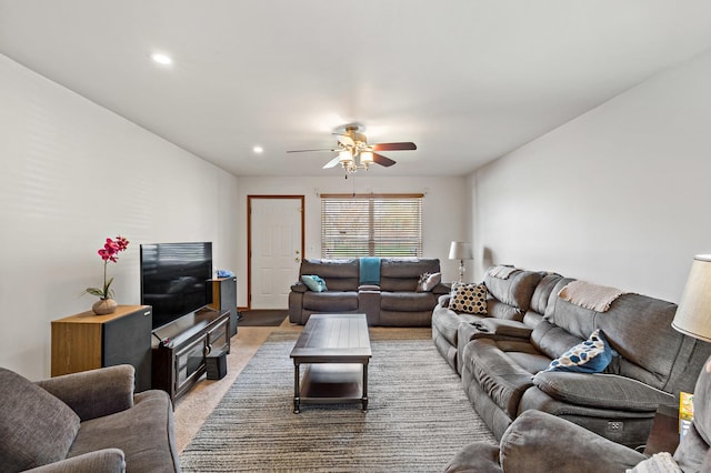 14004 Whipple St, Blue Island, IL 60406 - living room with a ceiling fan, recessed lighting, and light colored carpet