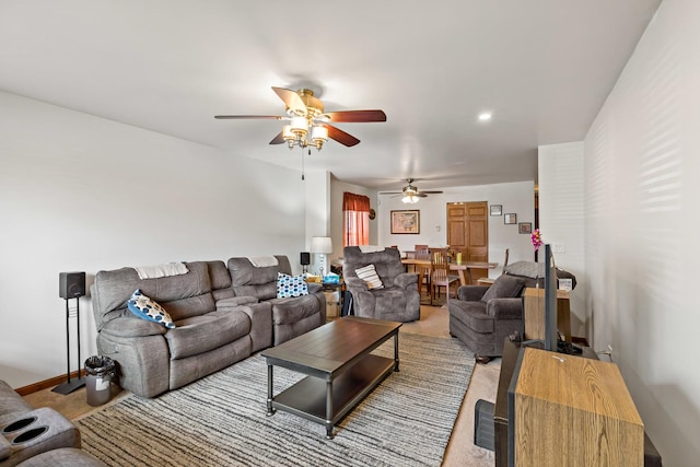 14004 Whipple St, Blue Island, IL 60406 - living room with recessed lighting, a ceiling fan, and light carpet