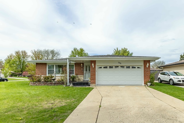 750 Evergreen Ln, Bartlett, IL 60103 - ranch-style house with a front lawn, an attached garage, driveway, and brick siding