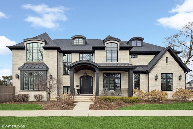 french country style house with a standing seam roof, a shingled roof, and stone siding