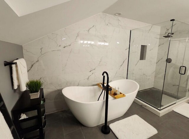 1790 Ashford Cir, Wheeling, IL 60090 - full bathroom featuring a marble finish shower, a soaking tub, and tile walls