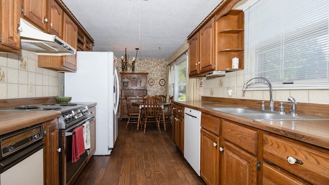 kitchen featuring brown cabinets, a sink, electric range oven, under cabinet range hood, and dishwasher