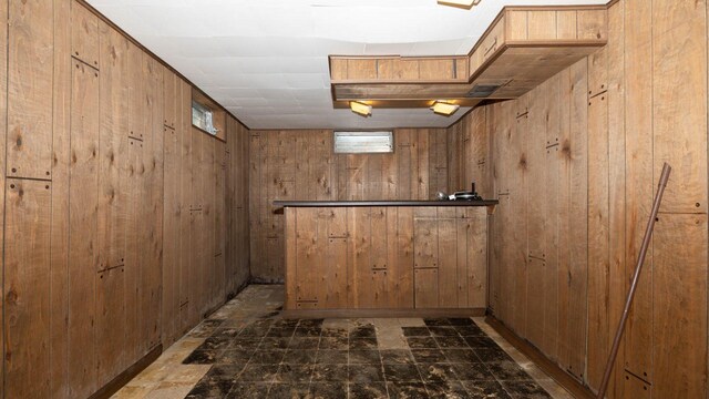 basement featuring wood walls
