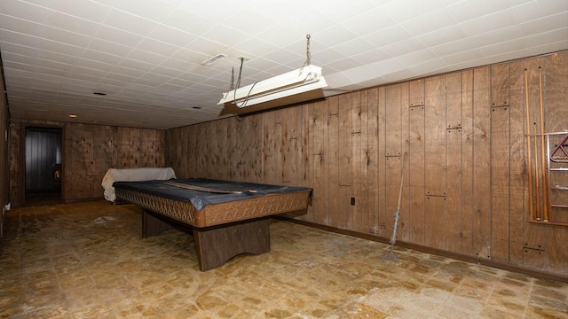 recreation room with wooden walls, tile patterned floors, and billiards