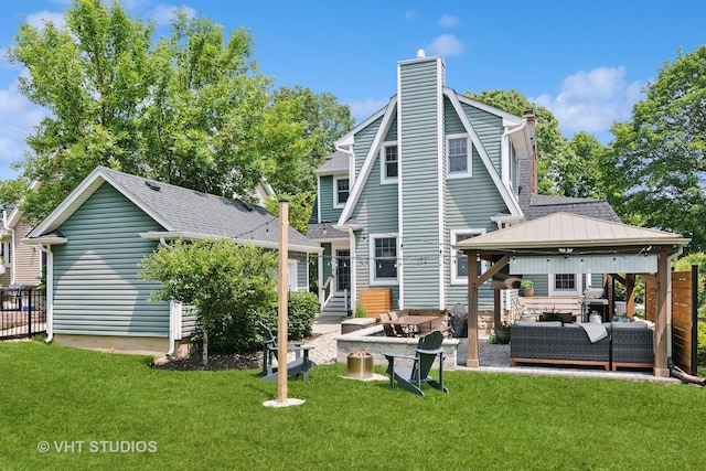122 Logan Ave, Geneva, IL 60134 - rear view of house featuring outdoor lounge area, a chimney, a gazebo, a patio, and a shingled roof