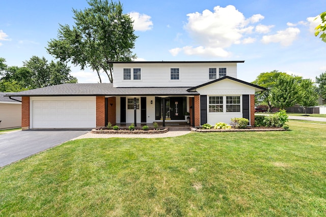 1100 Leicester Rd, Elk Grove Village, IL 60007 - traditional-style home featuring an attached garage, brick siding, asphalt driveway, a porch, and a front lawn