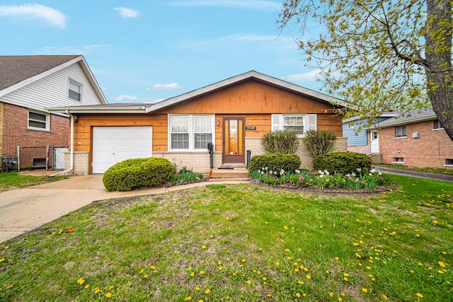 ranch-style house with concrete driveway, brick siding, an attached garage, and a front lawn