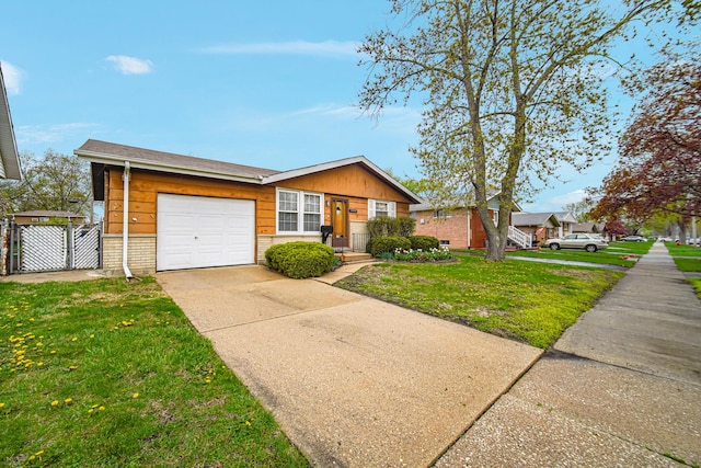 ranch-style house featuring concrete driveway, brick siding, an attached garage, and a front lawn