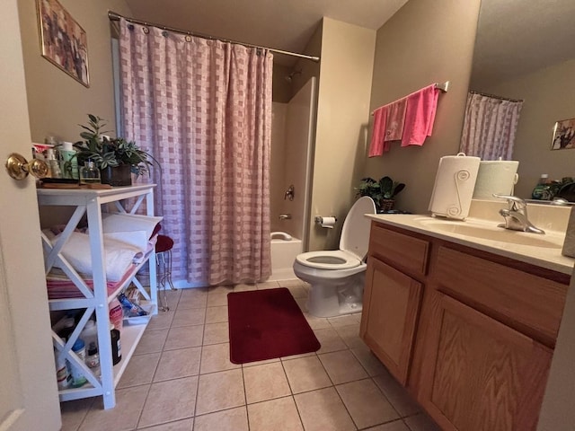 full bath featuring tile patterned flooring, toilet, shower / tub combo, and vanity