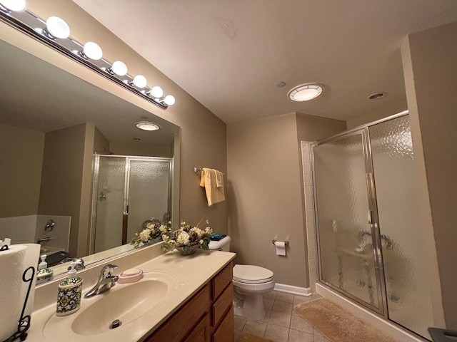 full bathroom featuring tile patterned flooring, a shower stall, vanity, and toilet
