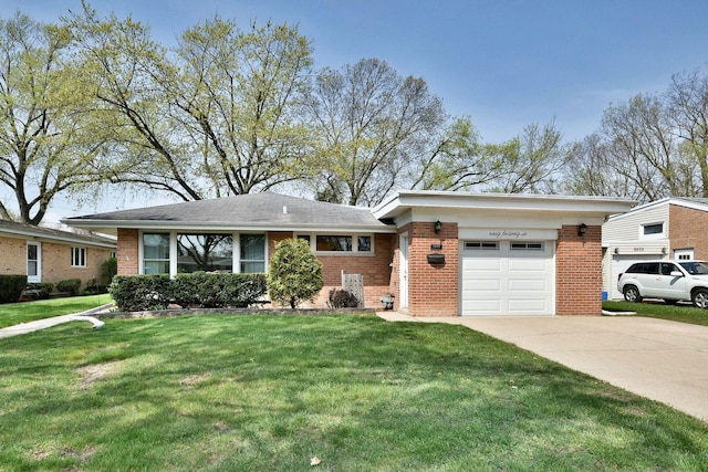 ranch-style home with brick siding, a front lawn, an attached garage, and concrete driveway