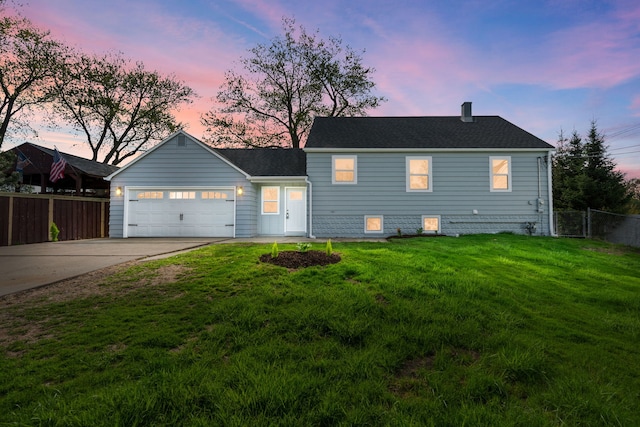 9048 Oneill Dr, Burr Ridge, IL 60527 - view of front of house featuring fence, a garage, a chimney, concrete driveway, and a yard