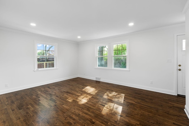9048 Oneill Dr, Burr Ridge, IL 60527 - unfurnished room featuring a healthy amount of sunlight, ornamental molding, dark wood-style floors, and visible vents