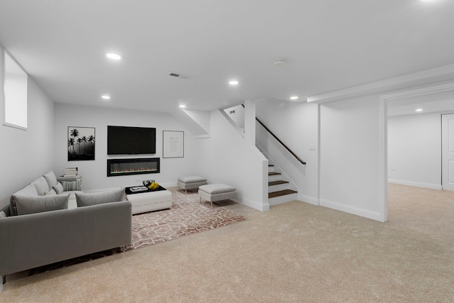 9048 Oneill Dr, Burr Ridge, IL 60527 - living room featuring visible vents, stairs, a glass covered fireplace, carpet, and recessed lighting