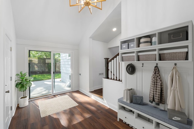 9048 Oneill Dr, Burr Ridge, IL 60527 - mudroom with wood finished floors, lofted ceiling, baseboards, recessed lighting, and a chandelier