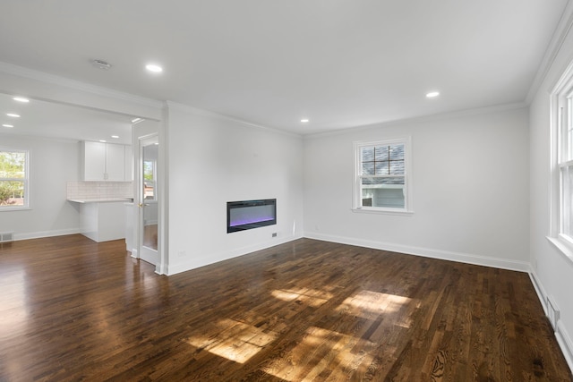 9048 Oneill Dr, Burr Ridge, IL 60527 - unfurnished living room with a glass covered fireplace, recessed lighting, dark wood-style flooring, and visible vents