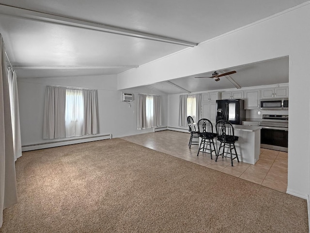 living area featuring light colored carpet, a baseboard heating unit, light tile patterned floors, and a wall mounted AC
