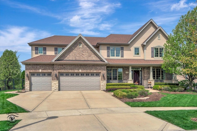 craftsman inspired home featuring fence, a front yard, a shingled roof, a porch, and driveway