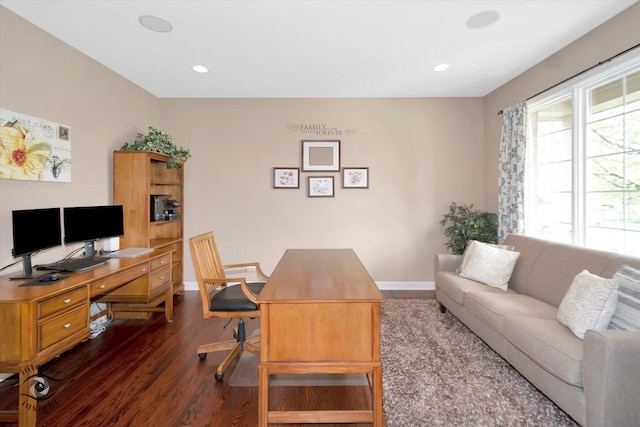 home office with recessed lighting, baseboards, and dark wood-style floors